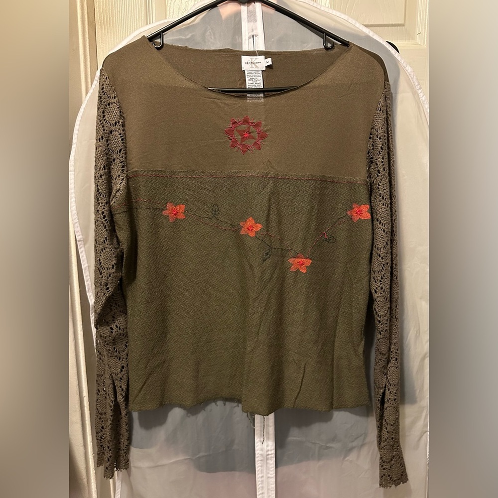 Vintage Calvin Klein Semi Sheer, embroidered, Lace Crochet Long Sleeve Top